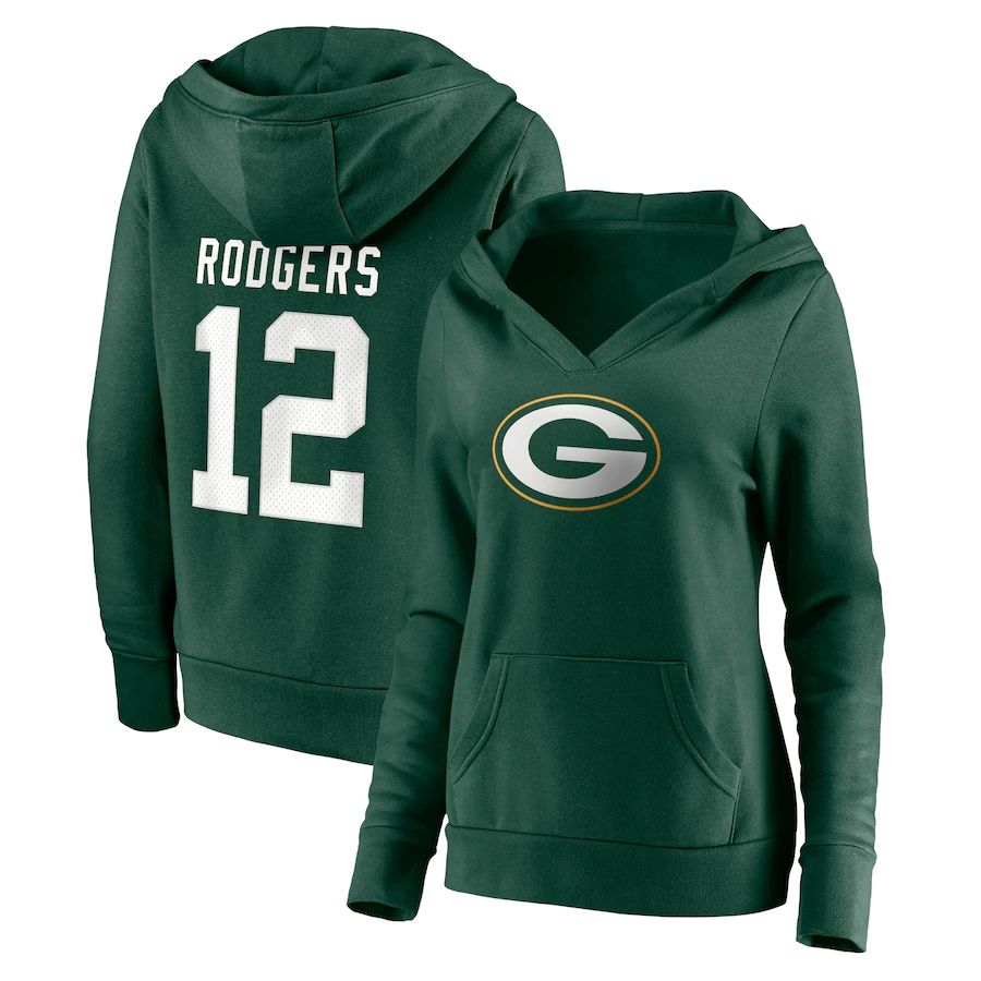 Women Green Bay Packers 12 Aaron Rodgers Fanatics Branded Green Player Icon Name & Number Pullover Hoodie